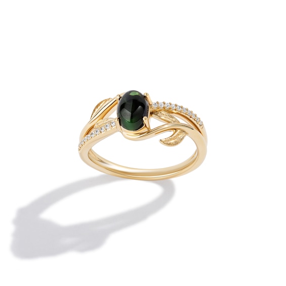 Limor Oval Green Tourmaline and 0.085 CT. T.W. Diamond Floral Split Shank Ring in Sterling Silver with 24K Gold Plate