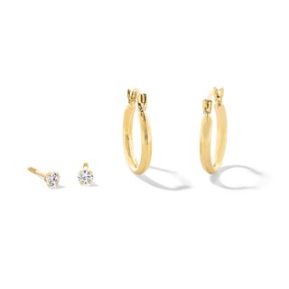 Child's Cubic Zirconia Solitaire Stud and Tube Hoop Earrings Set in 14K Gold