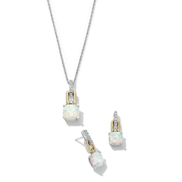 Cushion-Shaped Lab-Created Opal and White Lab-Created Sapphire Pendant and Earrings Set in Sterling Silver and 10K Gold