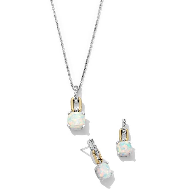 Cushion-Shaped Lab-Created Opal and White Lab-Created Sapphire Pendant and Earrings Set in Sterling Silver and 10K Gold