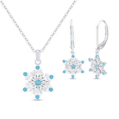 Swiss Blue Topaz and White Lab-Created Sapphire Snowflake Drop Pendant and Earrings Set in Sterling Silver