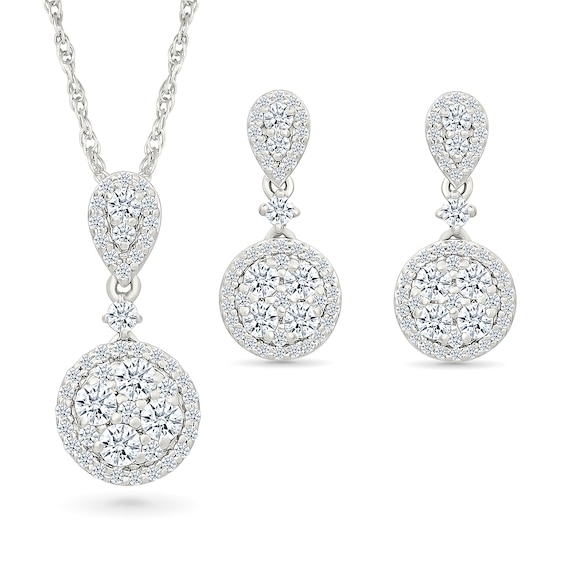 1.23 CT. T.W. Multi-Diamond Frame Drop Pendant and Earrings Set in Sterling Silver