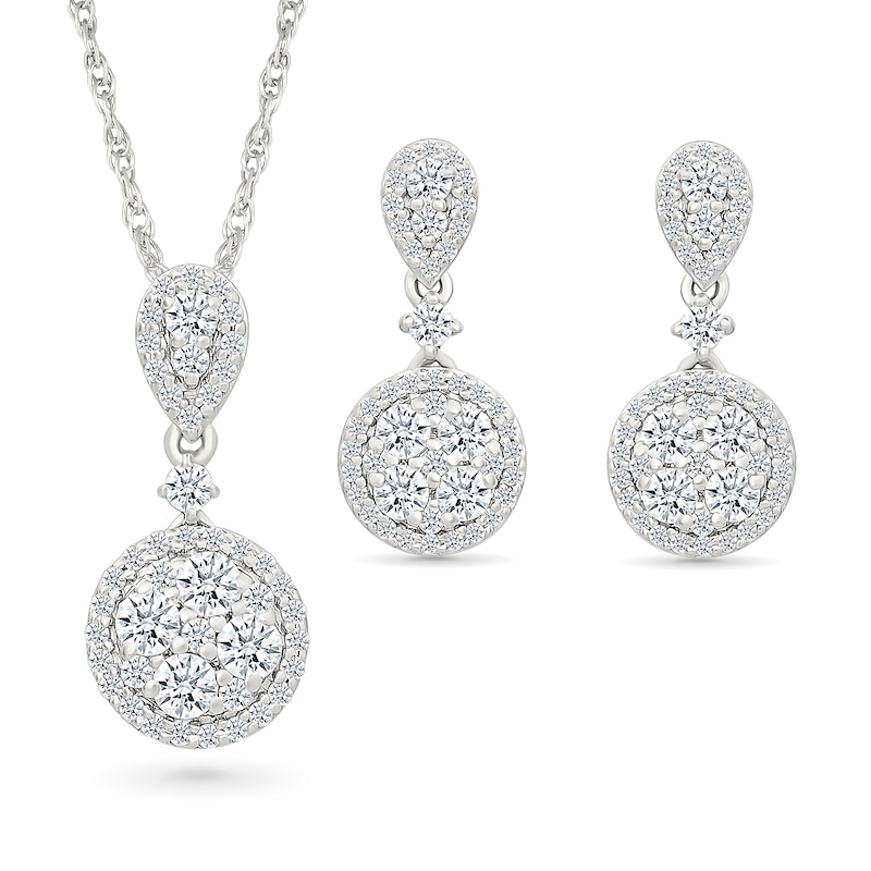 1.23 CT. T.W. Multi-Diamond Frame Drop Pendant and Earrings Set in Sterling Silver