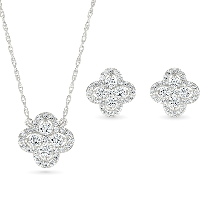 Main Image 1 of 0.82 CT. T.W. Diamond Clover Necklace and Stud Earrings Set in Sterling Silver