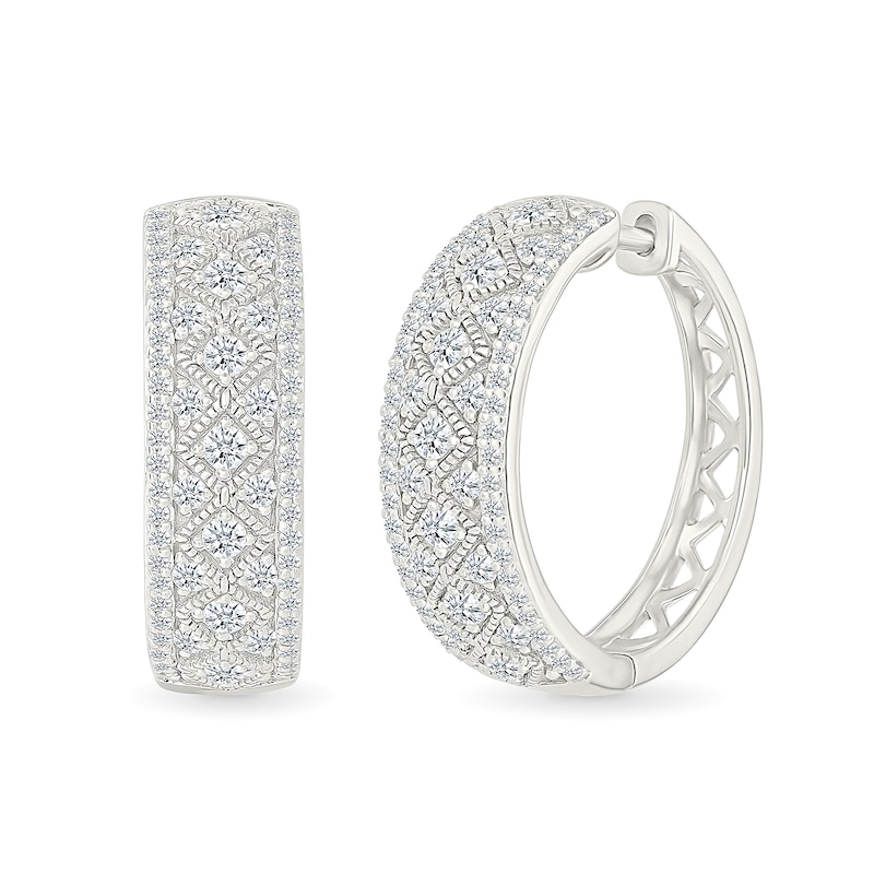 Main Image 1 of 0.95 CT. T.W. Diamond Patterned Vintage-Style Hoop Earrings in Sterling Silver