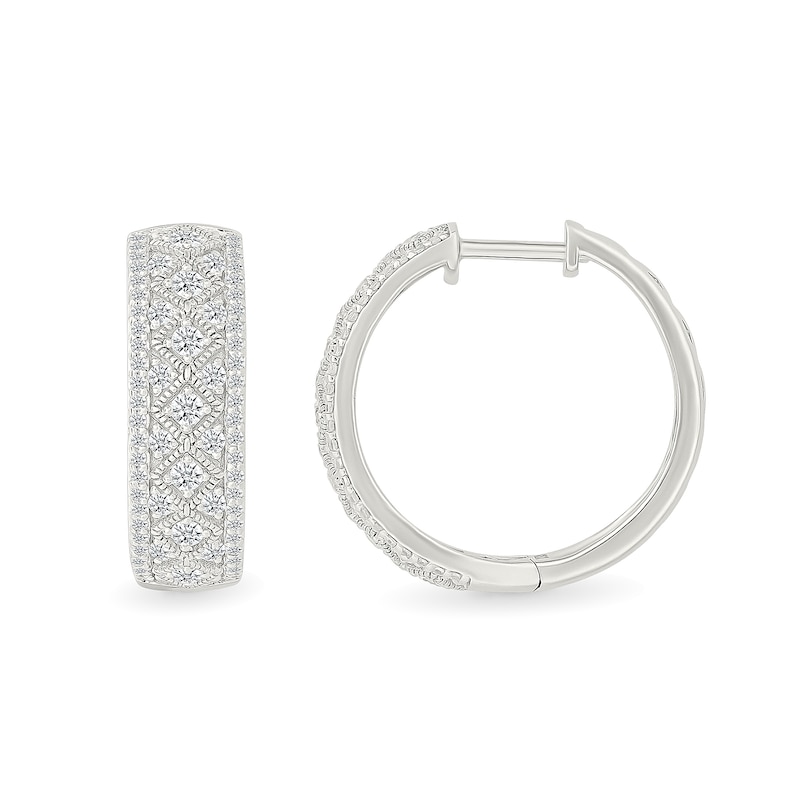 Main Image 2 of 0.95 CT. T.W. Diamond Patterned Vintage-Style Hoop Earrings in Sterling Silver