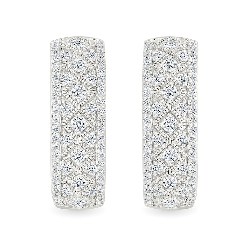 Main Image 3 of 0.95 CT. T.W. Diamond Patterned Vintage-Style Hoop Earrings in Sterling Silver