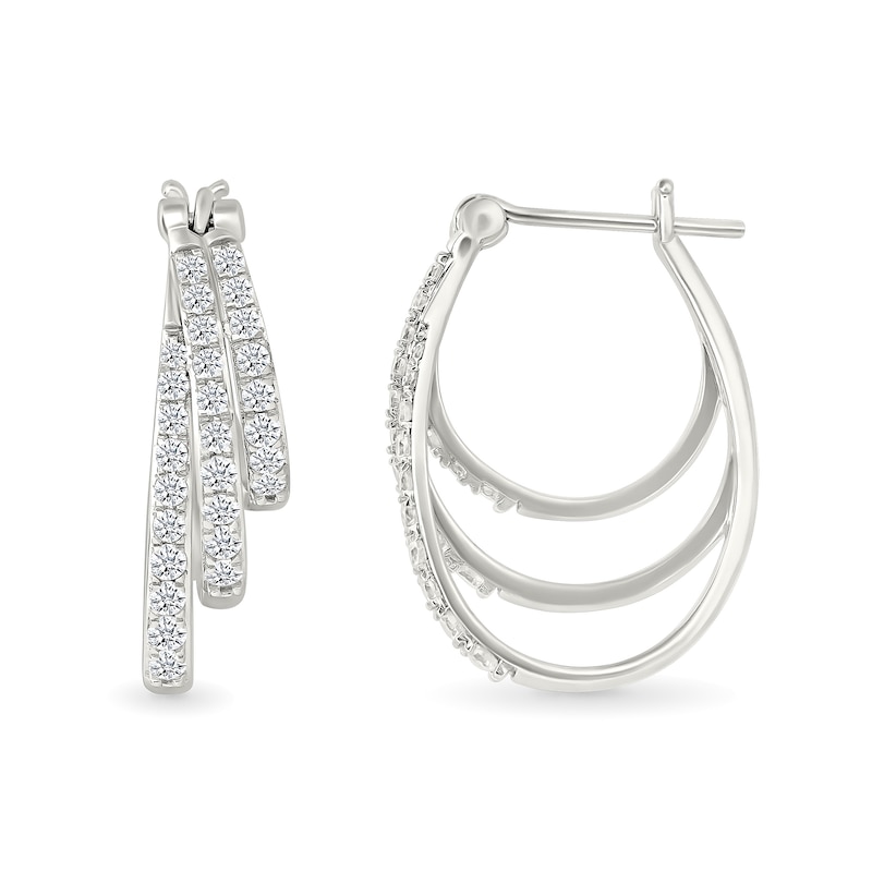 Main Image 2 of 0.95 CT. T.W. Diamond Graduated Triple Row Hoop Earrings in Sterling Silver