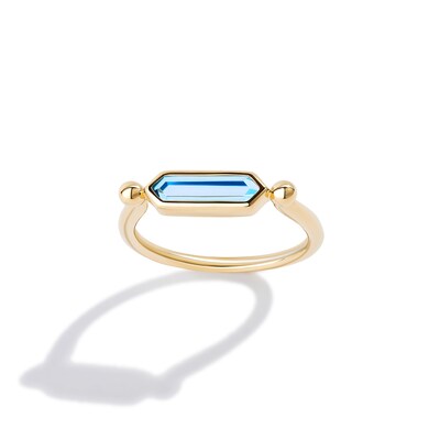 Limor Mindful Jewellery Guidestones Elongated Hexagon Swiss Blue Topaz Sideways Solitaire Stackable Ring in 10K Gold