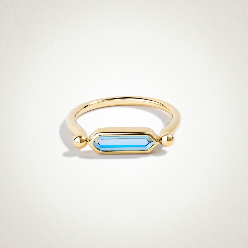 Limor Mindful Jewellery Guidestones Elongated Hexagon Swiss Blue Topaz Sideways Solitaire Stackable Ring in 10K Gold