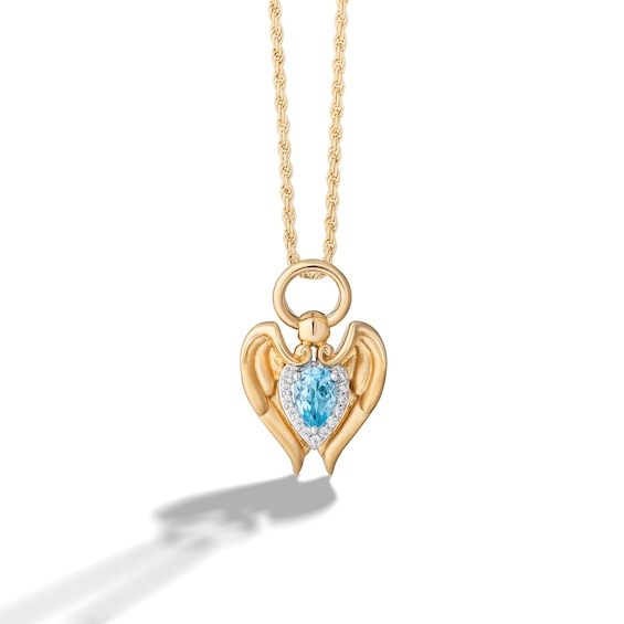 Limor Pear-Shaped Swiss Blue Topaz and 0.04 CT. T.W. Diamond Frame Angel Pendant in Sterling Silver with 24K Gold Plate