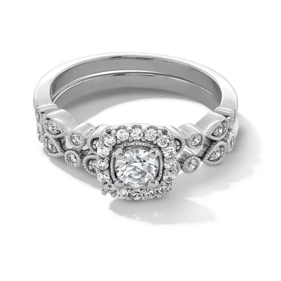 0.50 CT. T.W. Diamond Cushion Frame Art Deco Vintage-Style Bridal Set in 14K White Gold