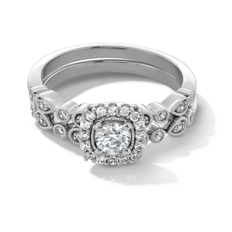 Main Image 1 of 0.50 CT. T.W. Diamond Cushion Frame Art Deco Vintage-Style Bridal Set in 14K White Gold