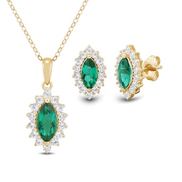 Marquise Lab-Created Emerald and White Lab-Created Sapphire Pendant and Earrings Set in Sterling Silver with Gold Plate