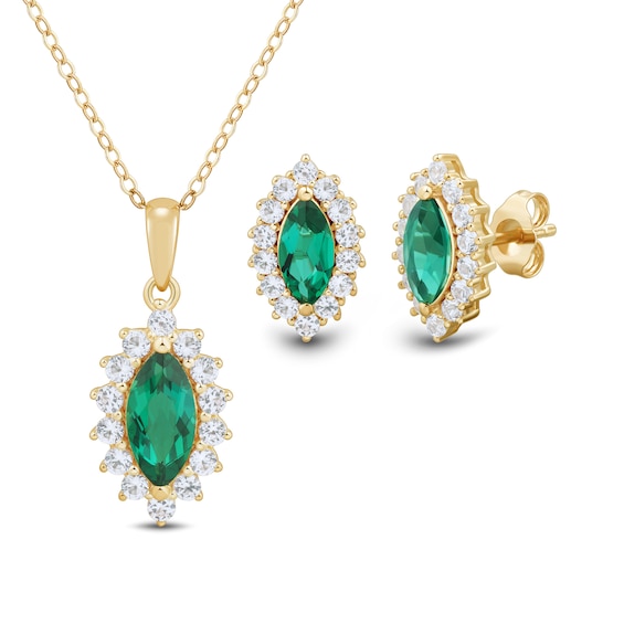 Marquise Lab-Created Emerald and White Lab-Created Sapphire Pendant and Earrings Set in Sterling Silver with Gold Plate