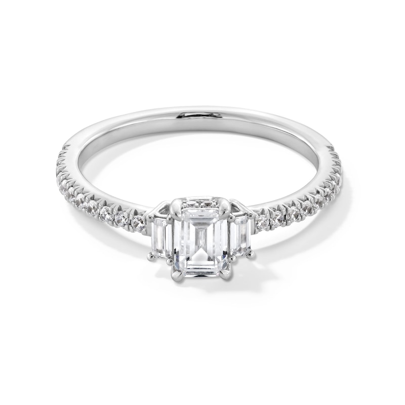 0.69 CT. T.W. Emerald-Cut Canadian Certified Centre Diamond Three Stone Engagement Ring in 14K White Gold (I/SI2)