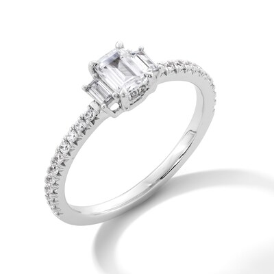 0.69 CT. T.W. Emerald-Cut Canadian Certified Centre Diamond Three Stone Engagement Ring in 14K White Gold (I/SI2)