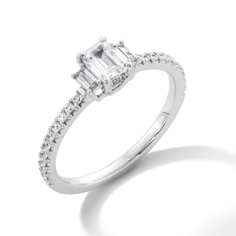 Main Image 3 of 0.69 CT. T.W. Emerald-Cut Canadian Certified Centre Diamond Three Stone Engagement Ring in 14K White Gold (I/SI2)