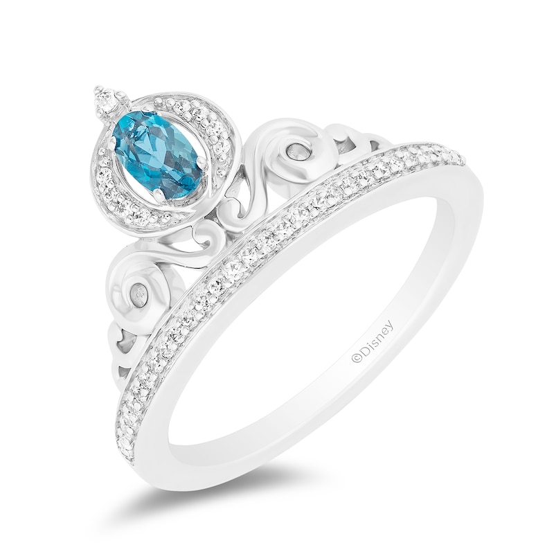 Main Image 1 of Enchanted Disney Cinderella Oval London Blue Topaz and 0.085 CT. T.W. Diamond Carriage Tiara Ring in Sterling Silver