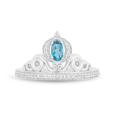 Enchanted Disney Cinderella Oval London Blue Topaz and 0.085 CT. T.W. Diamond Carriage Tiara Ring in Sterling Silver