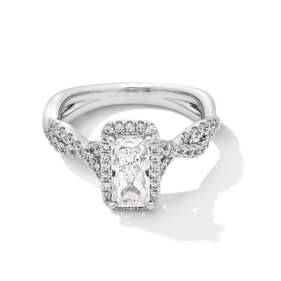 1.37 CT. T.W. Elongated Radiant-Cut Certified Lab-Created Diamond Frame Twist Shank Engagement Ring in 14K White Gold