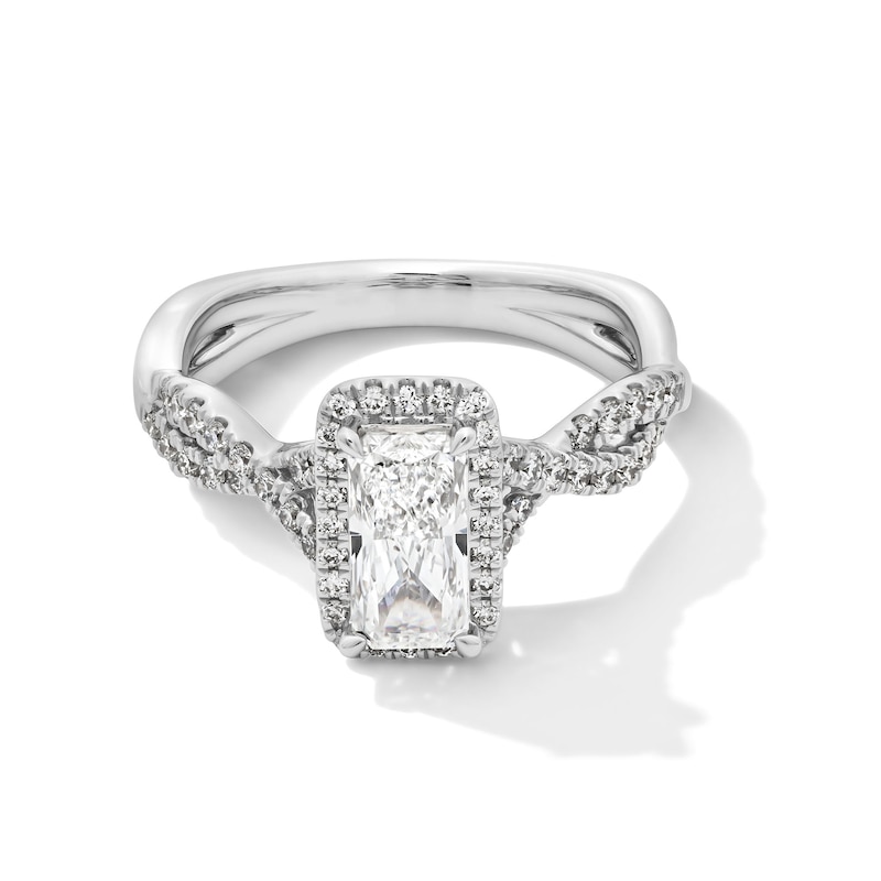 Main Image 1 of 1.37 CT. T.W. Elongated Radiant-Cut Certified Lab-Created Diamond Frame Twist Shank Engagement Ring in 14K White Gold