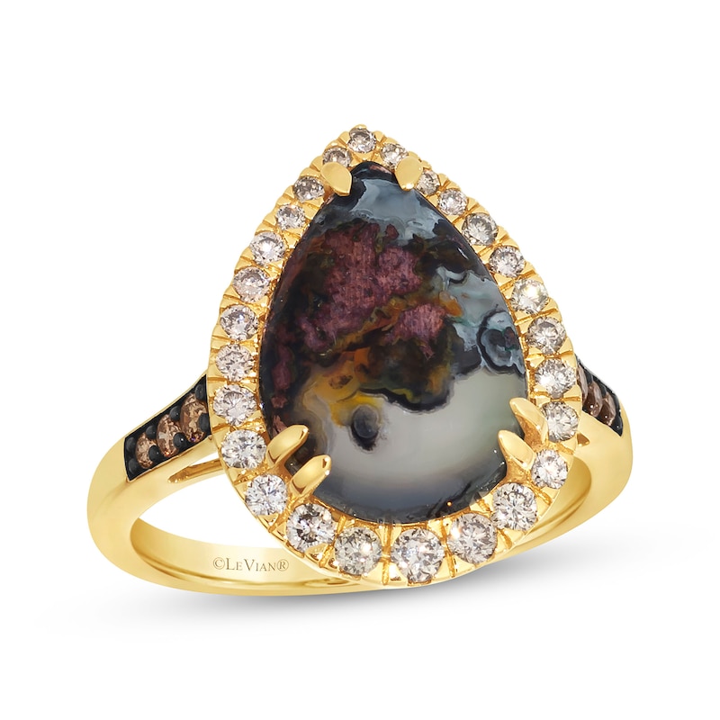 Main Image 1 of Le Vian® Pear-Shaped Green Chalcedony and 0.37 CT. T.W. Diamond Frame Ring in 14K Honey Gold™