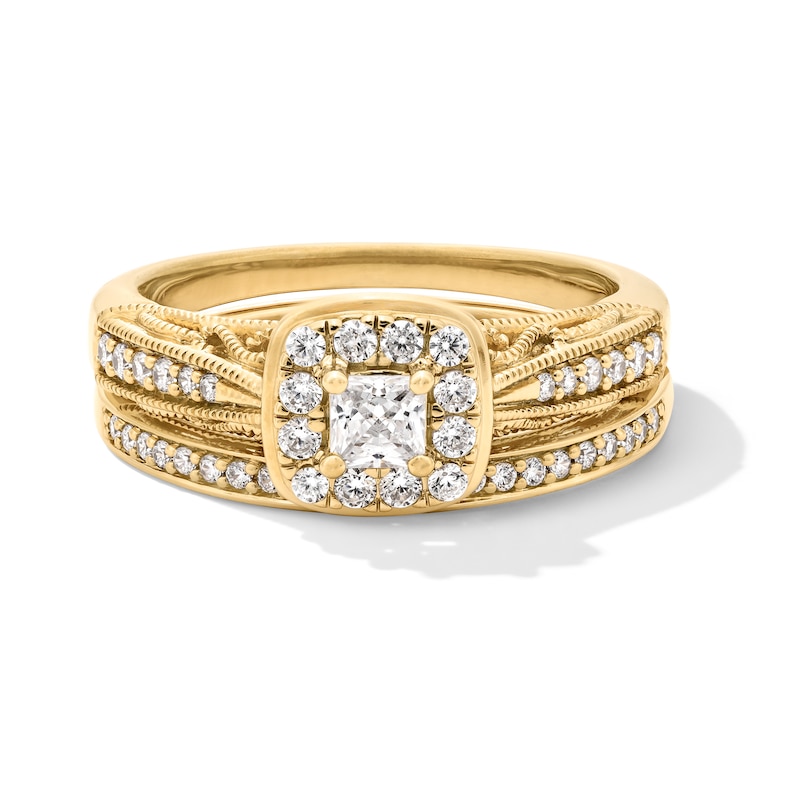 Main Image 1 of Perfect Fit 0.50 CT. T.W. Princess-Cut Diamond Cushion Frame Vintage-Style Bridal Set in 10K Gold