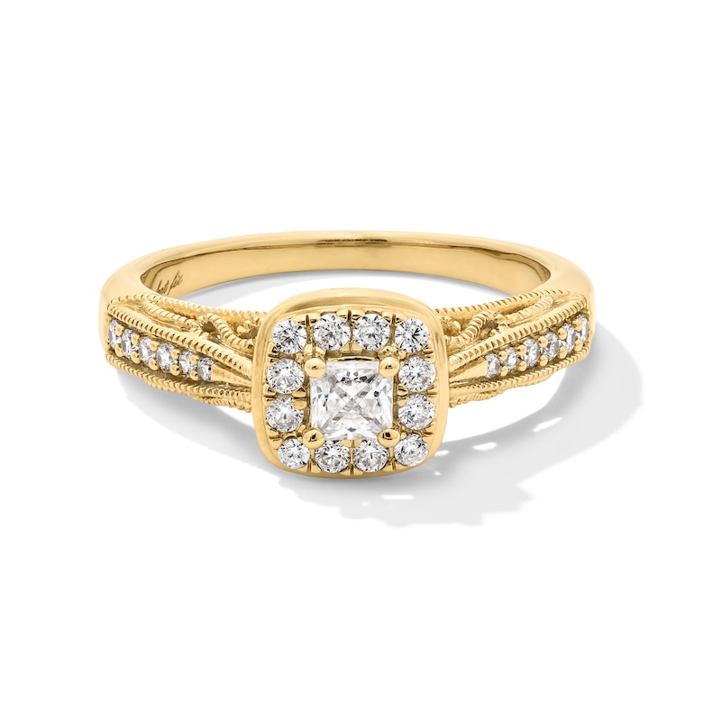 Main Image 3 of Perfect Fit 0.50 CT. T.W. Princess-Cut Diamond Cushion Frame Vintage-Style Bridal Set in 10K Gold