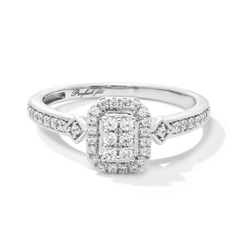 Main Image 3 of Perfect Fit 0.33 CT. T.W. Emerald-Shaped Multi-Diamond Frame Bridal Set in 10K White Gold