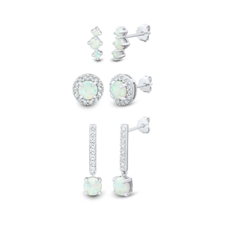 Lab-Created Opal and White Lab-Created Sapphire Three Pair Stud and Drop Earrings Set in Sterling Silver