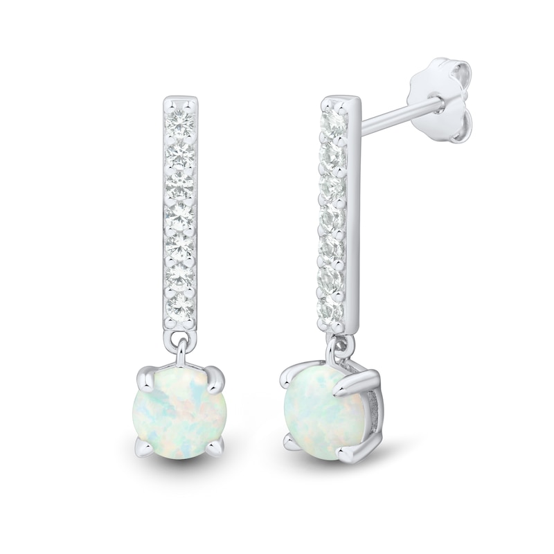 Lab-Created Opal and White Lab-Created Sapphire Three Pair Stud and Drop Earrings Set in Sterling Silver