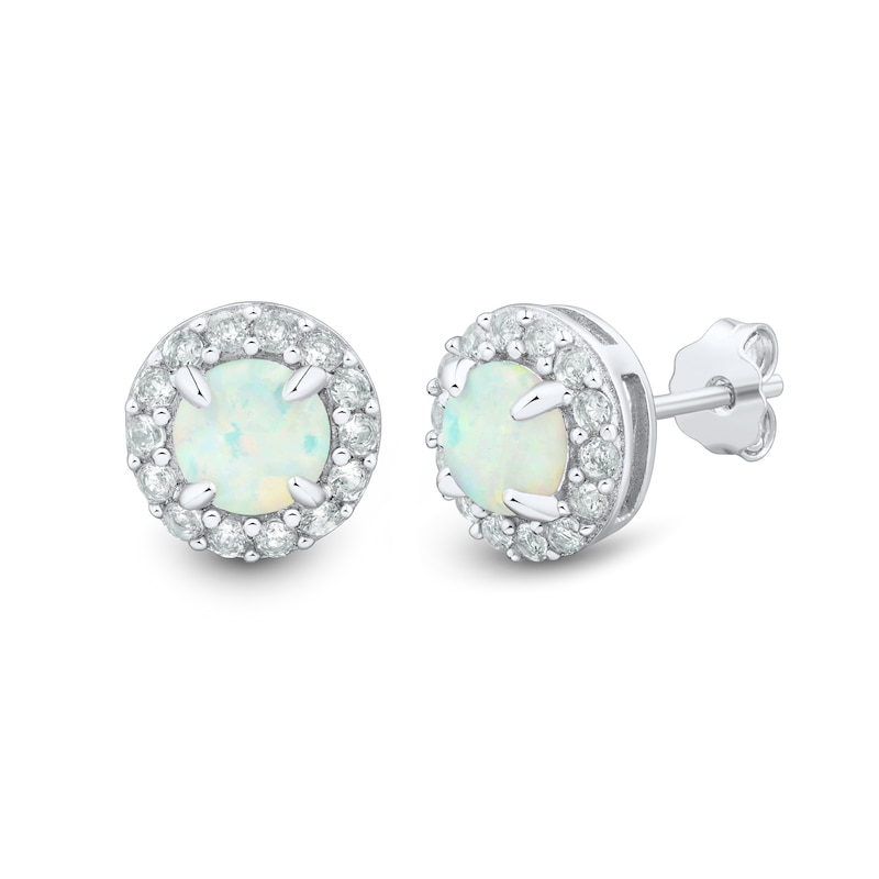 Lab-Created Opal and White Lab-Created Sapphire Three Pair Stud and Drop Earrings Set in Sterling Silver