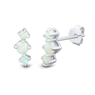 Lab-Created Opal and White Lab-Created Sapphire Three Pair Stud and Drop Earrings Set in Sterling Silver