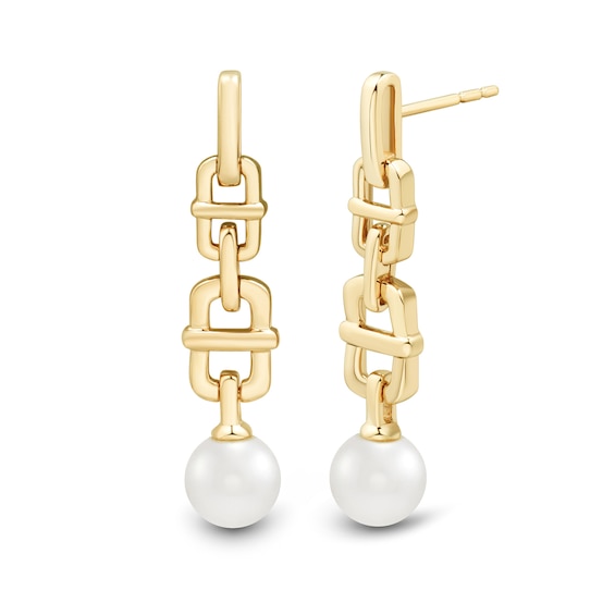 6.0-6.5mm Freshwater Cultured Pearl Mariner Chain Link Drop Earrings in 10K Gold