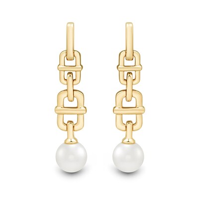 6.0-6.5mm Freshwater Cultured Pearl Mariner Chain Link Drop Earrings in 10K Gold