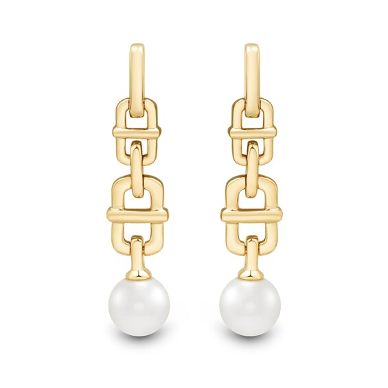 6.0-6.5mm Freshwater Cultured Pearl Mariner Chain Link Drop Earrings in 10K Gold