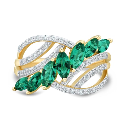 Marquise-Cut Lab-Created Emerald and 0.29 CT. T.W. Certified Lab-Created Diamond Bypass Multi-Row Ring in 10K Gold