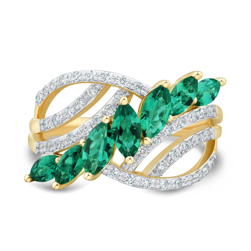 Marquise-Cut Lab-Created Emerald and 0.29 CT. T.W. Certified Lab-Created Diamond Bypass Multi-Row Ring in 10K Gold