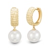 Thumbnail Image 1 of 9.0-10.0mm Freshwater Cultured Pearl Puff Grid Huggie Hoop Drop Earrings in 10K Gold