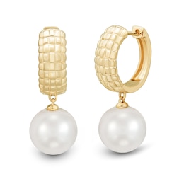 9.0-10.0mm Freshwater Cultured Pearl Puff Grid Huggie Hoop Drop Earrings in 10K Gold