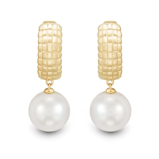 9.0-10.0mm Freshwater Cultured Pearl Puff Grid Huggie Hoop Drop Earrings in 10K Gold