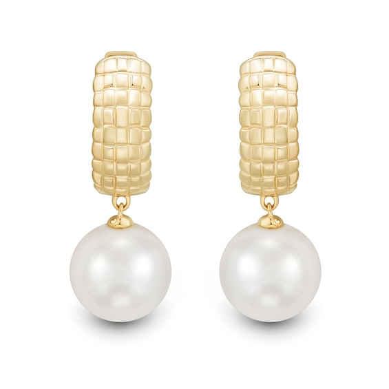 9.0-10.0mm Freshwater Cultured Pearl Puff Grid Huggie Hoop Drop Earrings in 10K Gold