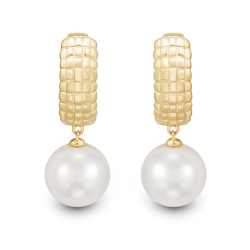 Main Image 2 of 9.0-10.0mm Freshwater Cultured Pearl Puff Grid Huggie Hoop Drop Earrings in 10K Gold