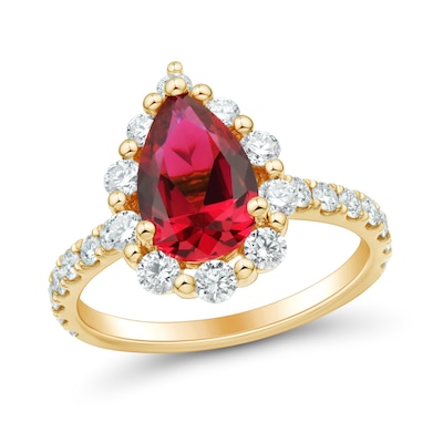 Pear-Shaped Lab-Created Ruby and 0.95 CT. T.W. Certified Lab-Created Diamond Frame Ring in 10K Gold (F/VS2)