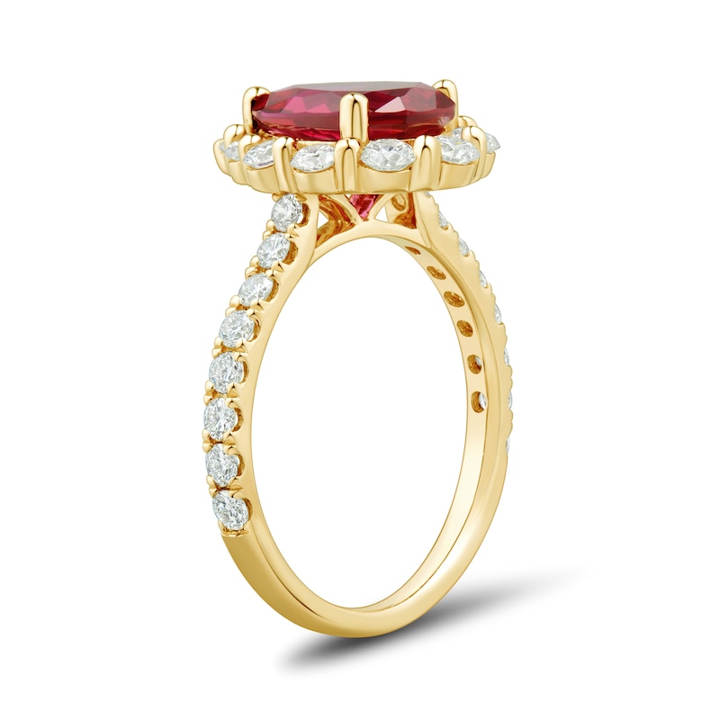 Pear-Shaped Lab-Created Ruby and 0.95 CT. T.W. Certified Lab-Created Diamond Frame Ring in 10K Gold (F/VS2)