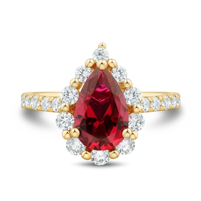 Pear-Shaped Lab-Created Ruby and 0.95 CT. T.W. Certified Lab-Created Diamond Frame Ring in 10K Gold (F/VS2)