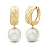 9.0-10.0mm Freshwater Cultured Pearl and Quilted Etched Huggie Hoop Drop Earrings in 10K Gold