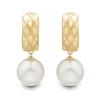 9.0-10.0mm Freshwater Cultured Pearl and Quilted Etched Huggie Hoop Drop Earrings in 10K Gold