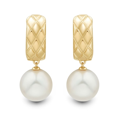 9.0-10.0mm Freshwater Cultured Pearl and Quilted Etched Huggie Hoop Drop Earrings in 10K Gold